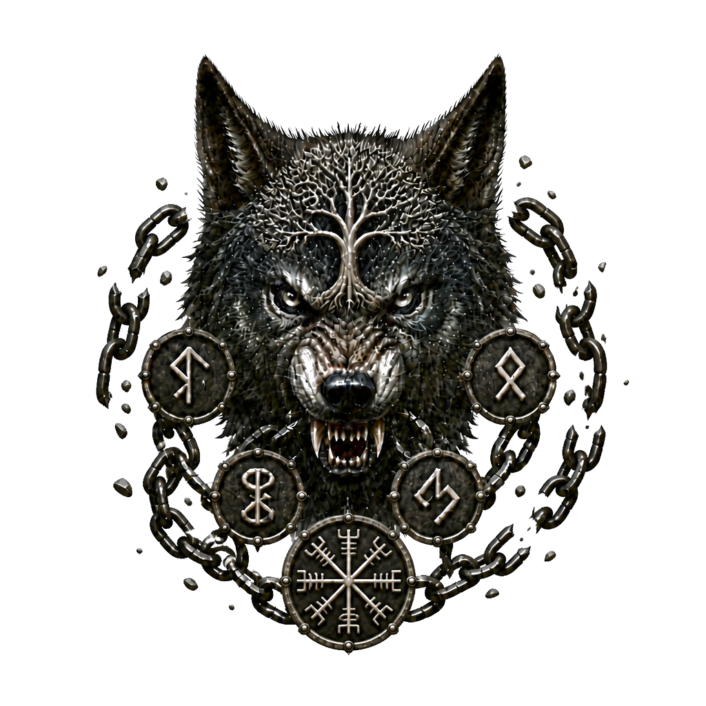 Fenrir’s snarling head centered on the forehead, Yggdrasil roots spreading toward the temples, broken chains flowing from its jaws and wrapping around the neck.