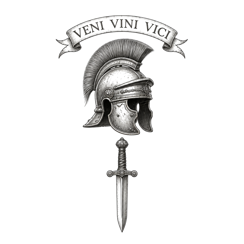 “Veni vini vici” in Roman lettering and over a Roman helmet with a Roman sword underneath