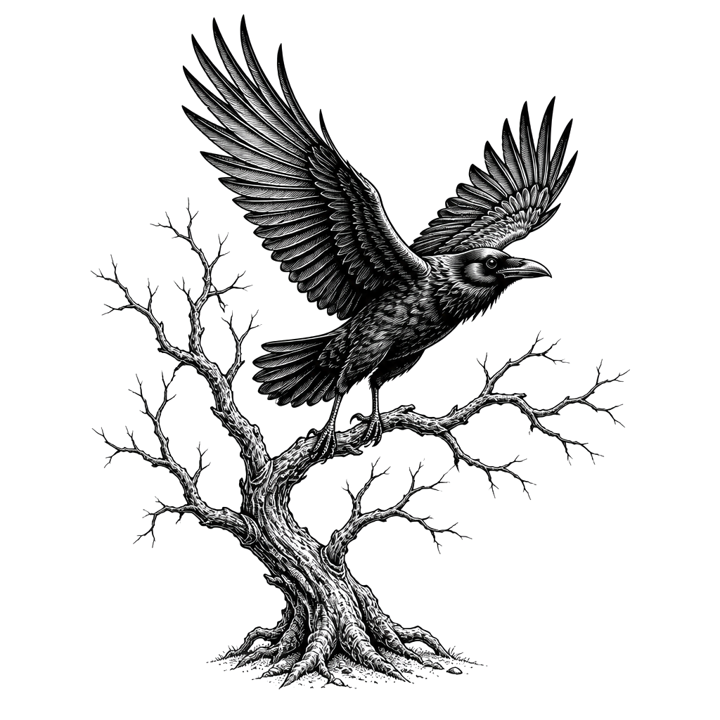 A raven taking flight from a leafless winter tree