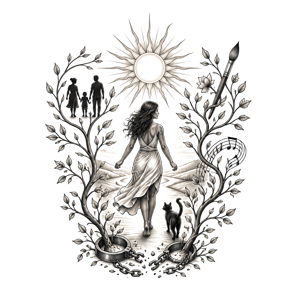 A woman stepping from broken restraints into an open path, her black cat beside her; flourishing branches hold family silhouettes, a paintbrush, musical notes, and a radiant sun.