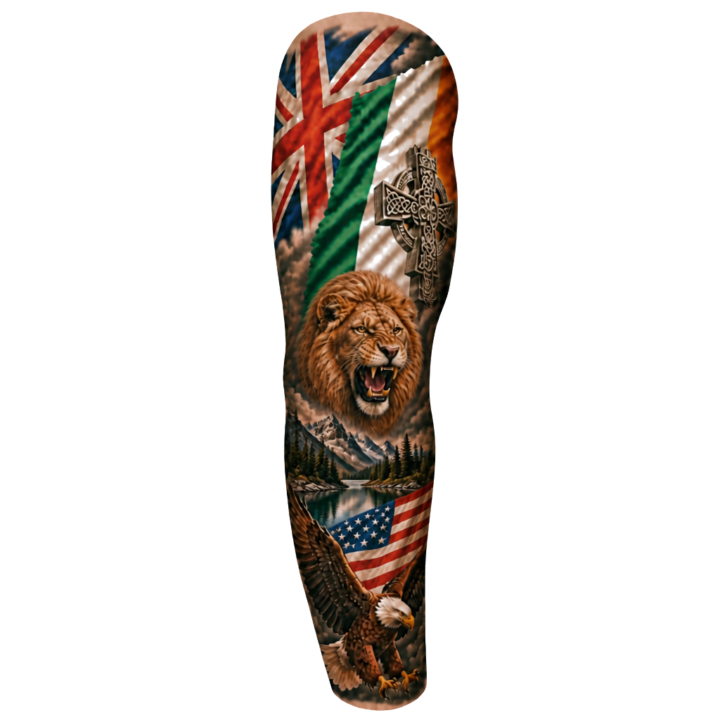 English and Irish tattoo with meaning that also is America. Create it in a full sleeve also include a female lion.