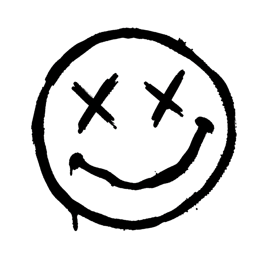 A lopsided smiley face with X eyes