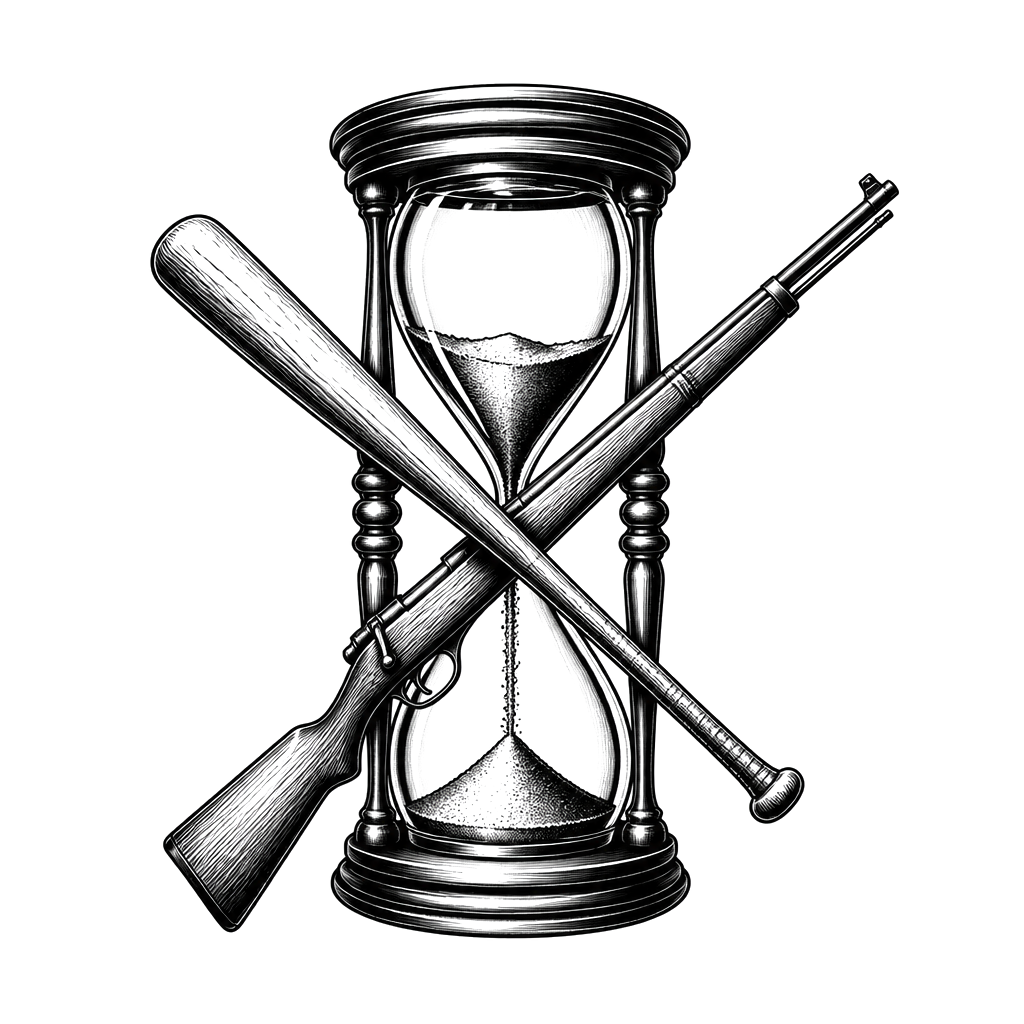 An hour glass running down, with a baseball bat and rifle crosses in front of it