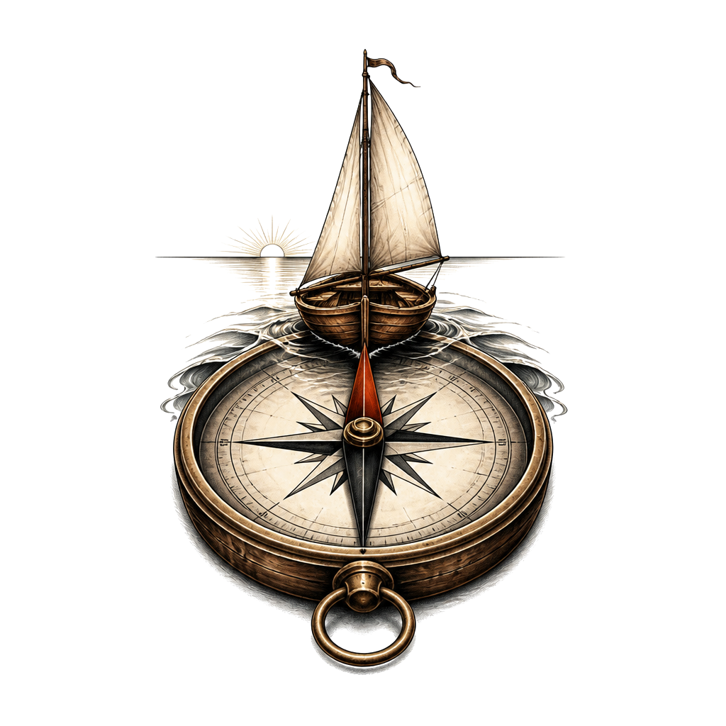 A small wooden sailboat guided by an old compass, its needle pointing toward a subtle horizon line.
