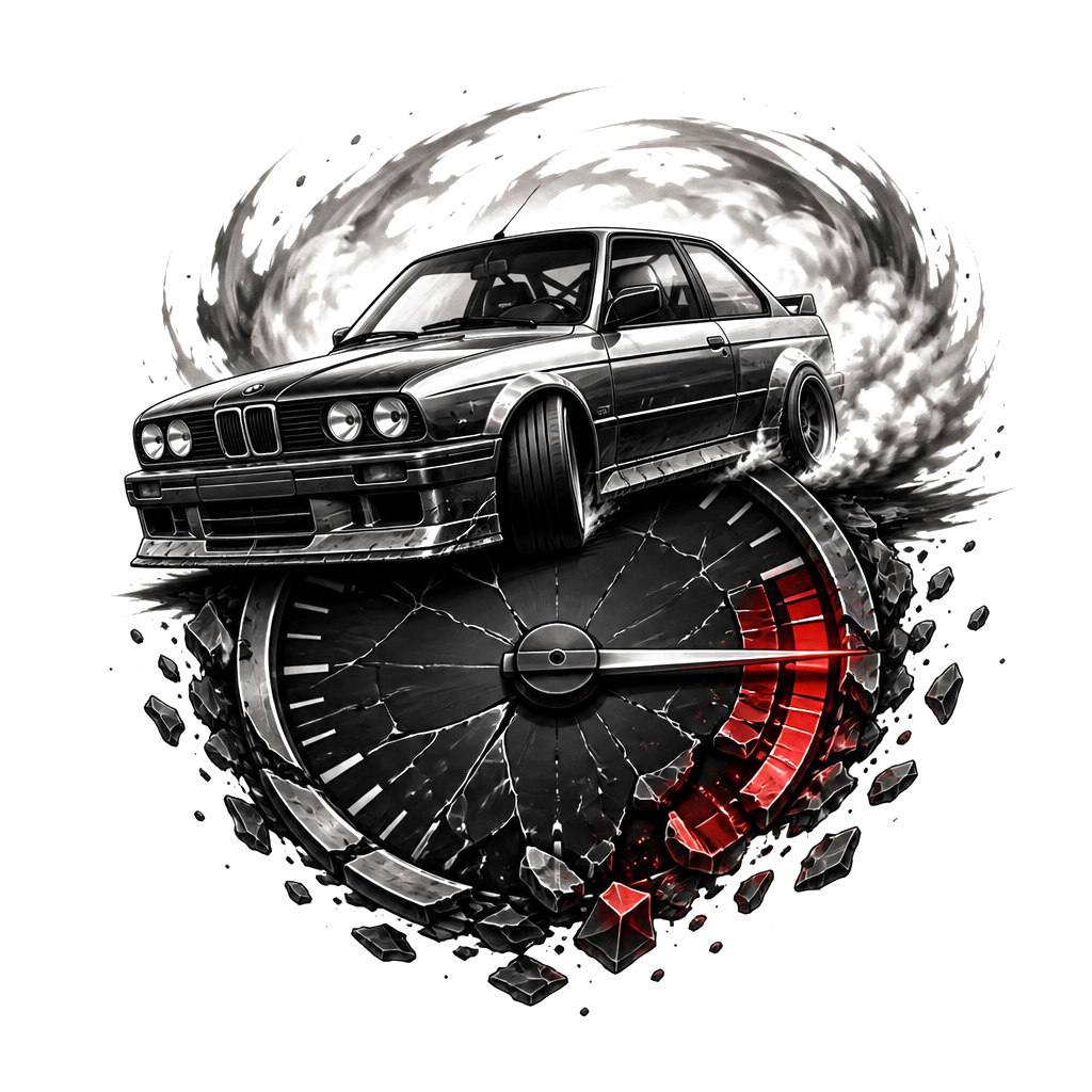 BMW e30 while drifting with a rev clock under broken and in the limit redline