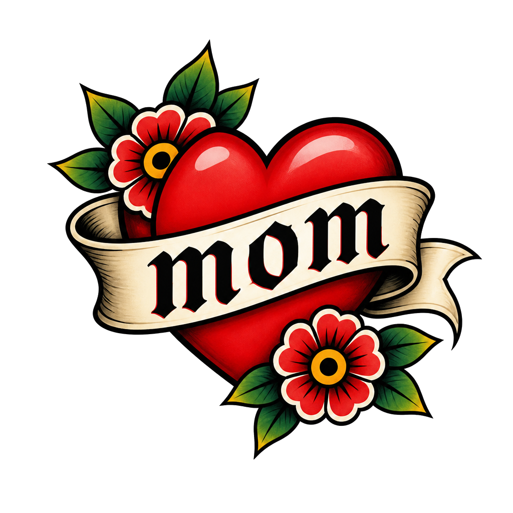 The word "mom" on a banner across a red heart