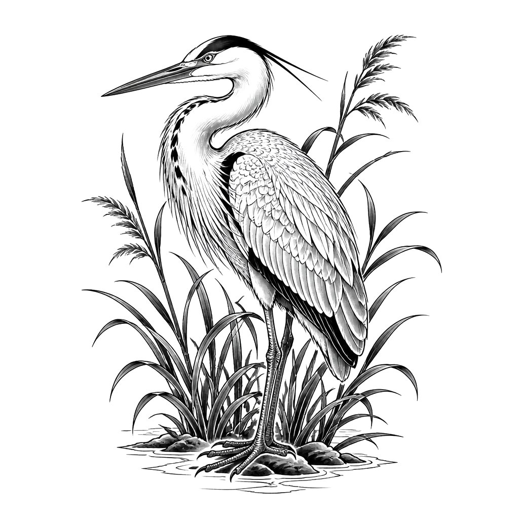 A heron standing in monochrome reeds
