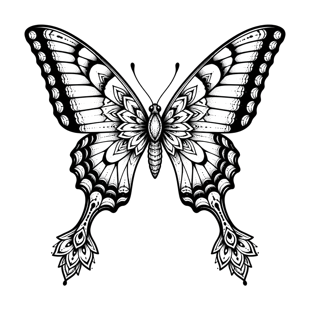 A swallowtail butterfly whose tails end in mandala petals