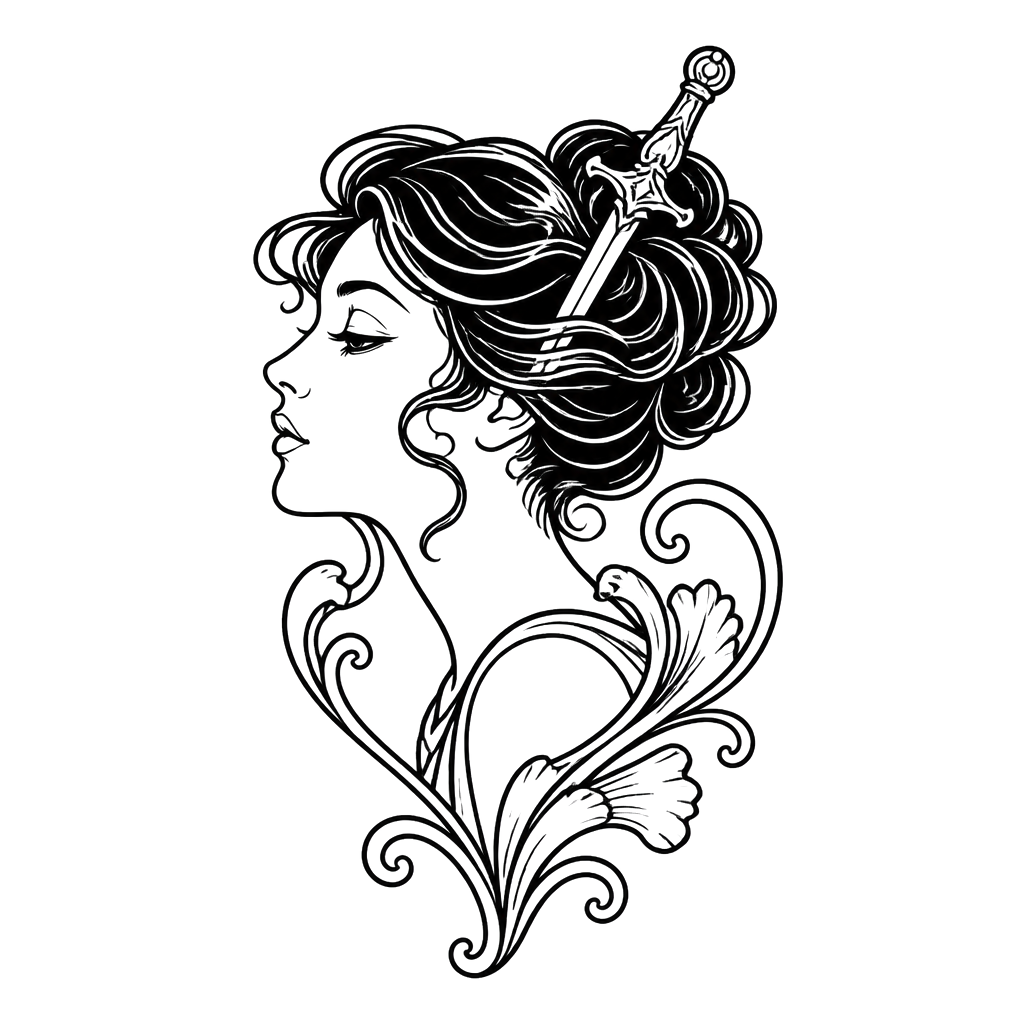 A woman's profile with a dagger worn as a hairpin