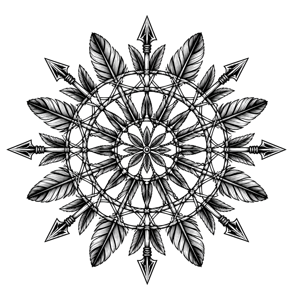 A mandala woven from feathers and arrows