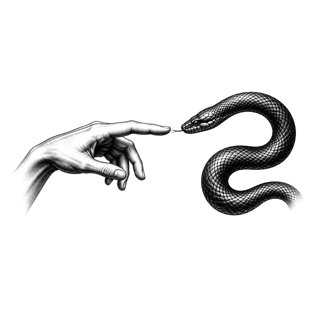 Trust no one une main un serpent qui se touche de la pointe du doigt