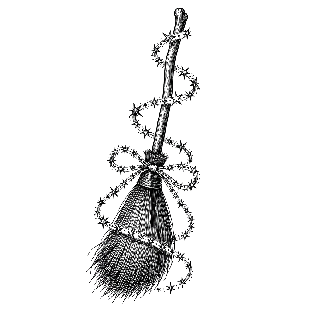 A besom broom tied with a ribbon of stars
