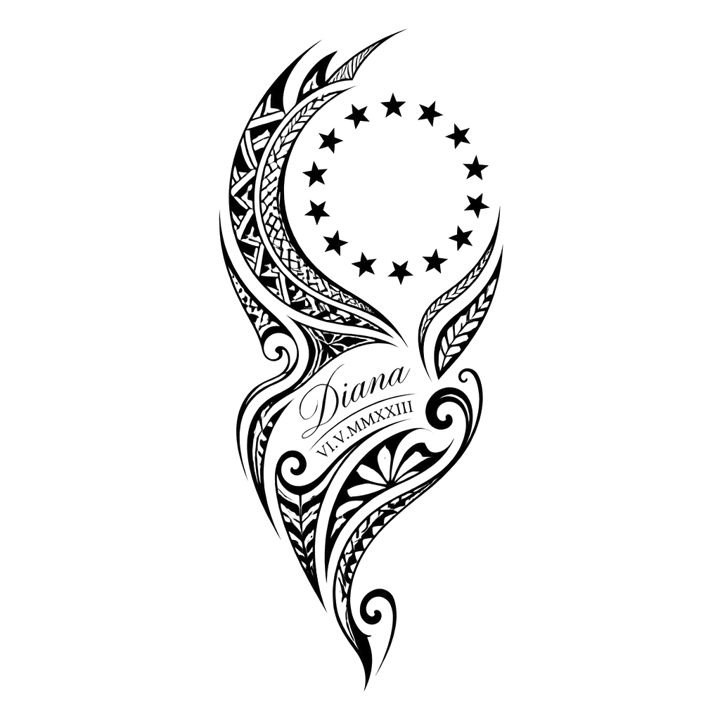Add cook island patterns and Samoan patterns then the 15 stars in a circle plus the name : “Diana” and date “06.05.2023” in Roman numerals make name and date small. Place on the inside forearms