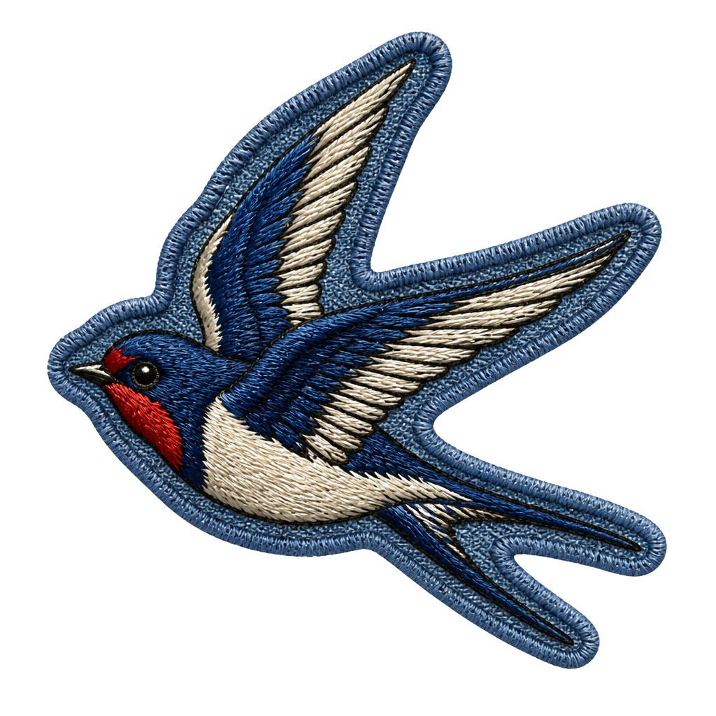 A swallow stitched onto a denim patch