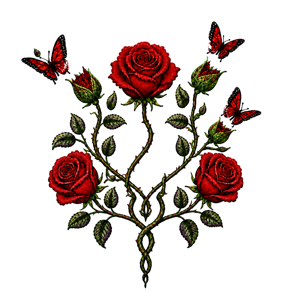 1 rote Rose, 1 geschlossene Rose wo ein Schmetterling entsteht,2 geschlossene Rosen an einen Strang wo aus den geschlossenen Rosen Schmetterlinge entstehen, 1 lila Rose und 1 rote Rose. Alles zusammen mit den Namen Fabian und Dèsirèe verbunden