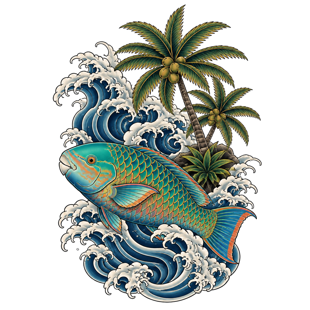 Waves and a parrot fish and coconut trees