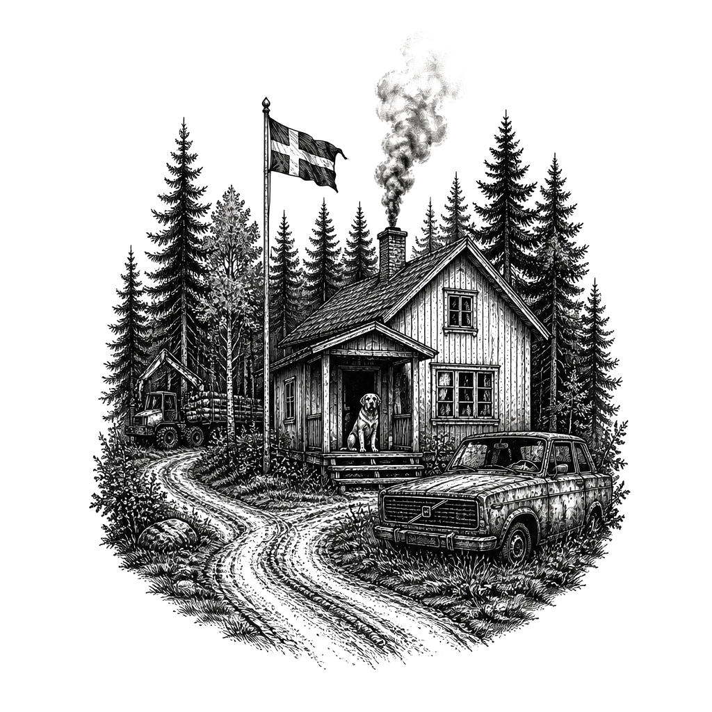A forest with a house and a old anondoned Volvo next to the house and a flagpole with swedish flag and smoke coming from the chimney and a road coming the house and a dog on the front porch and a forwarder in the forest