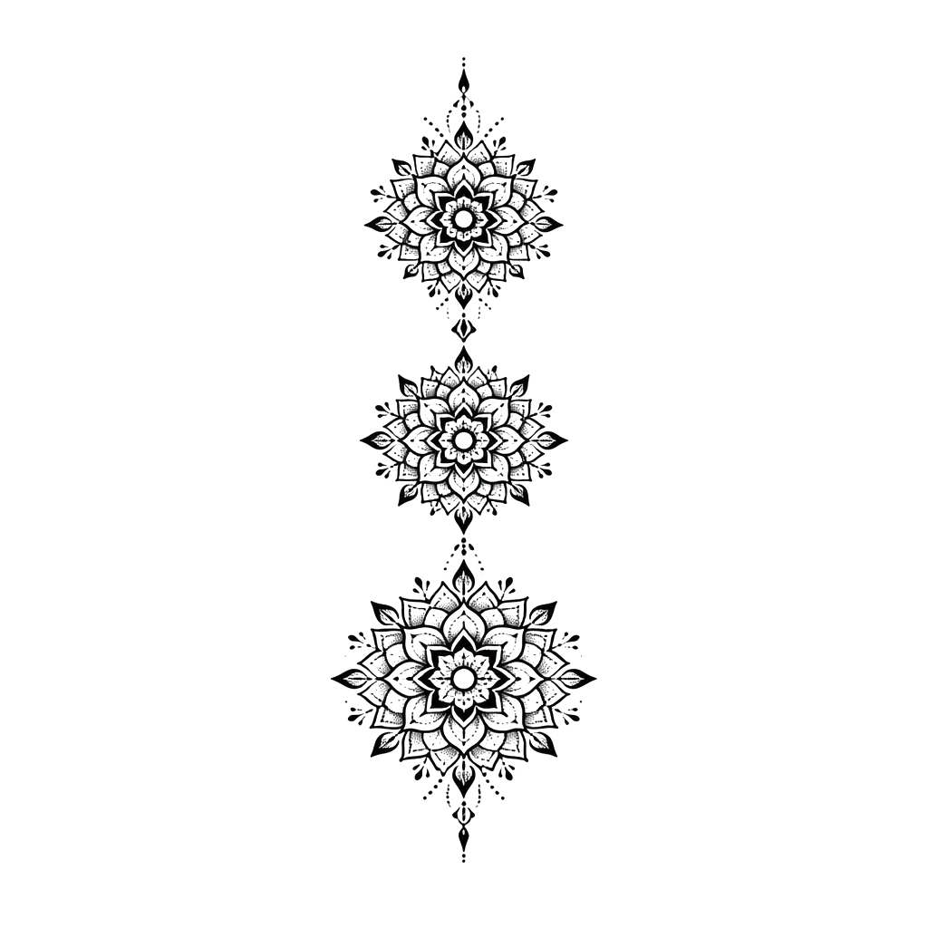 Three small mandalas stacked down the breastbone