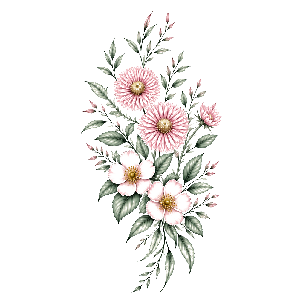 Floral design with three flowers in amongst leaves primarily on my left thigh rising slightly to my hip