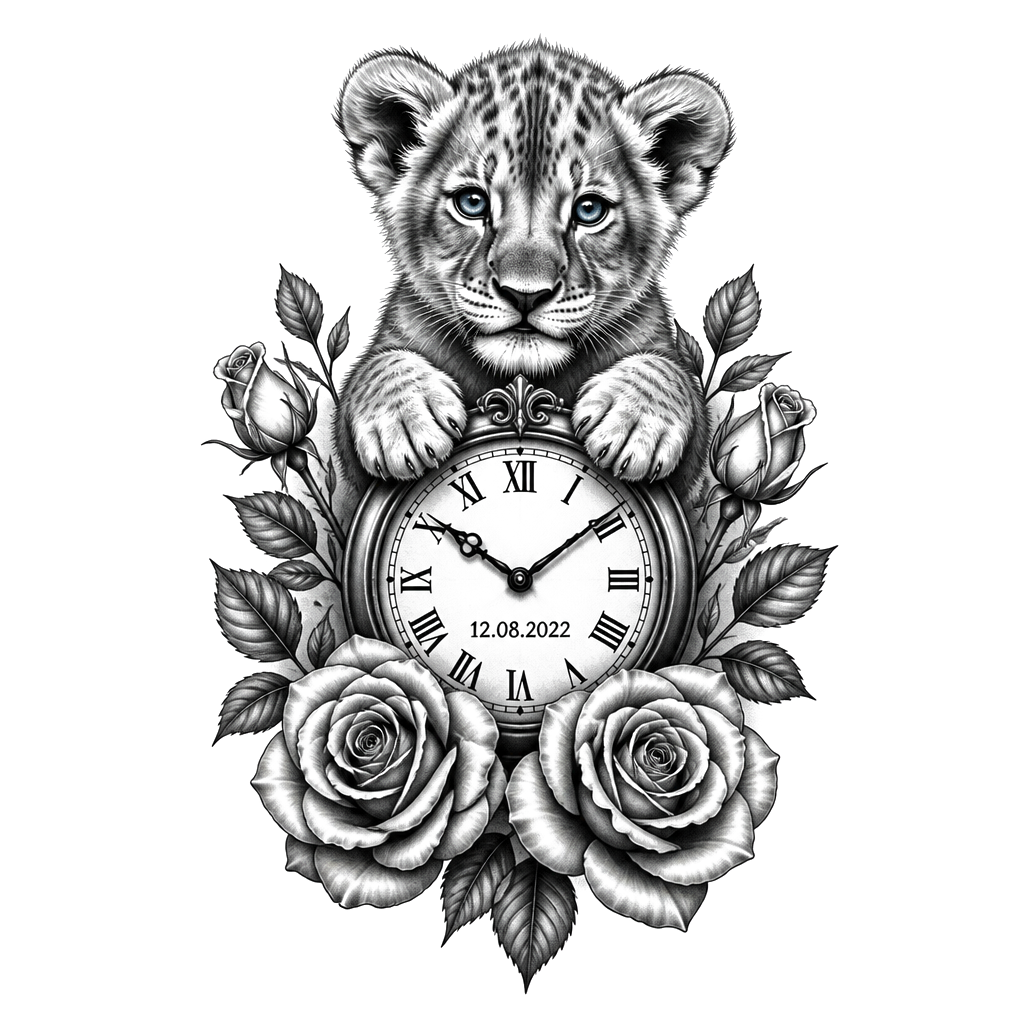 I want a baby lion blue eyes with a clock with a date on it, with  roses with the name Luella on it all in black