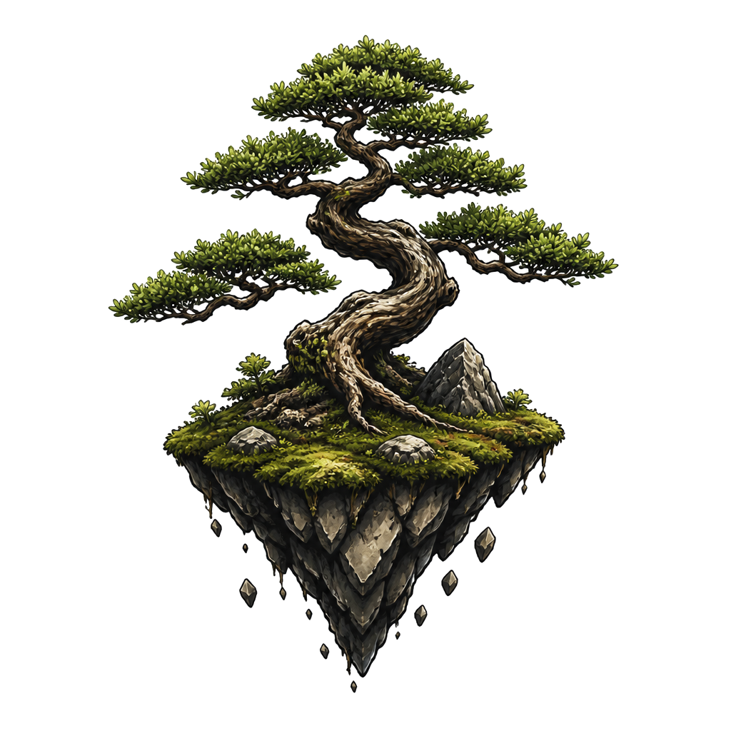 A bonsai tree on a floating island