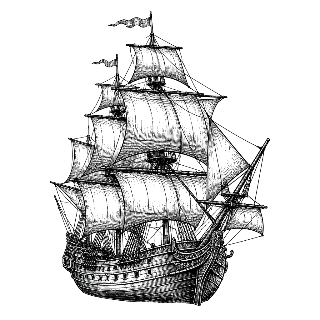 An old sailing ship printed on aged paper