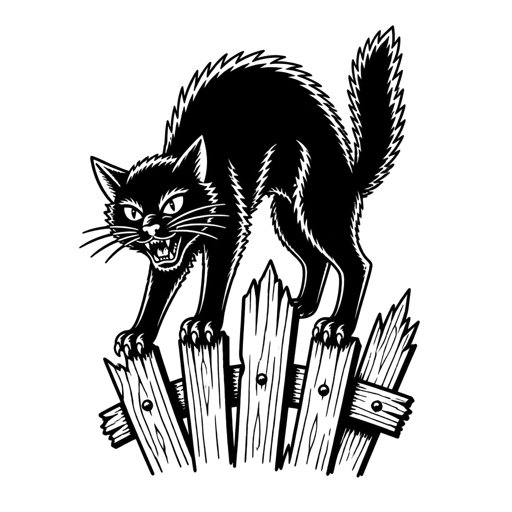 A black cat arching its back on a broken fence