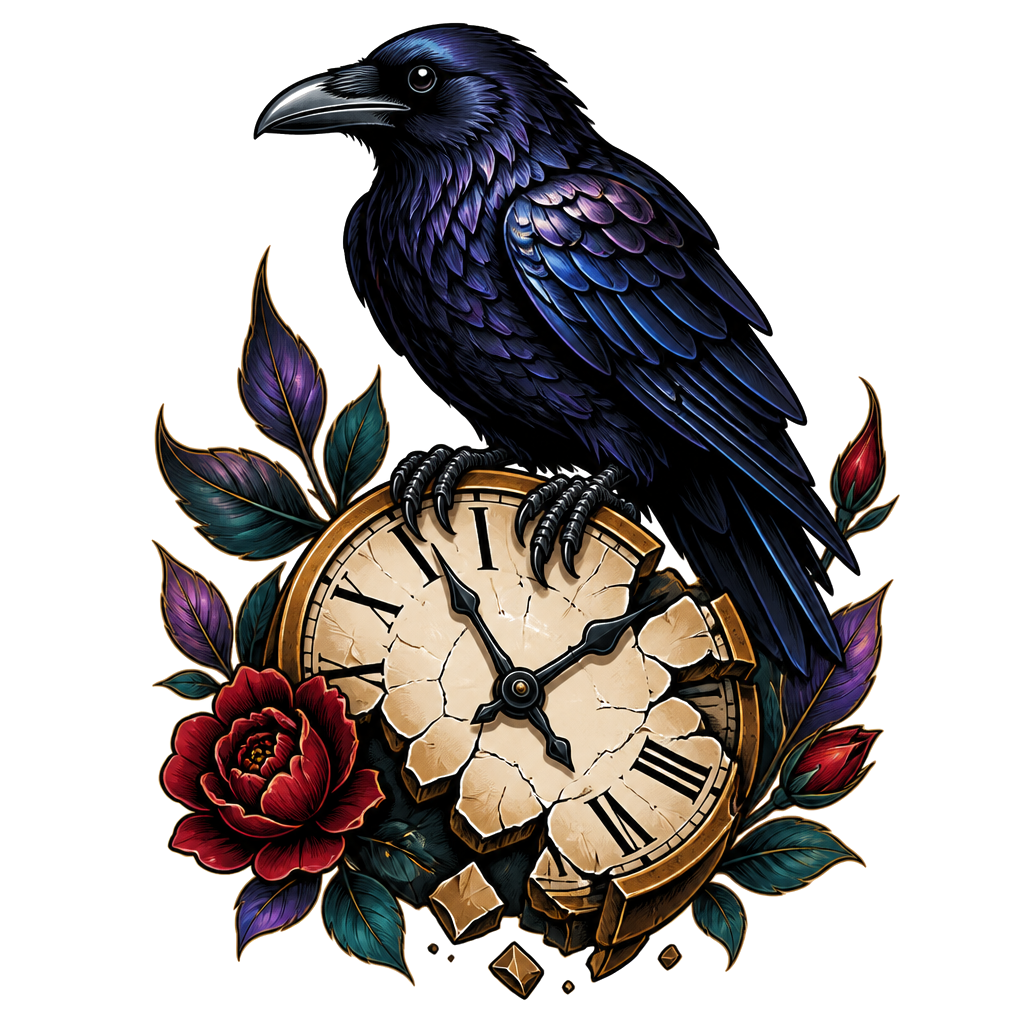 A raven perched on a broken clock face