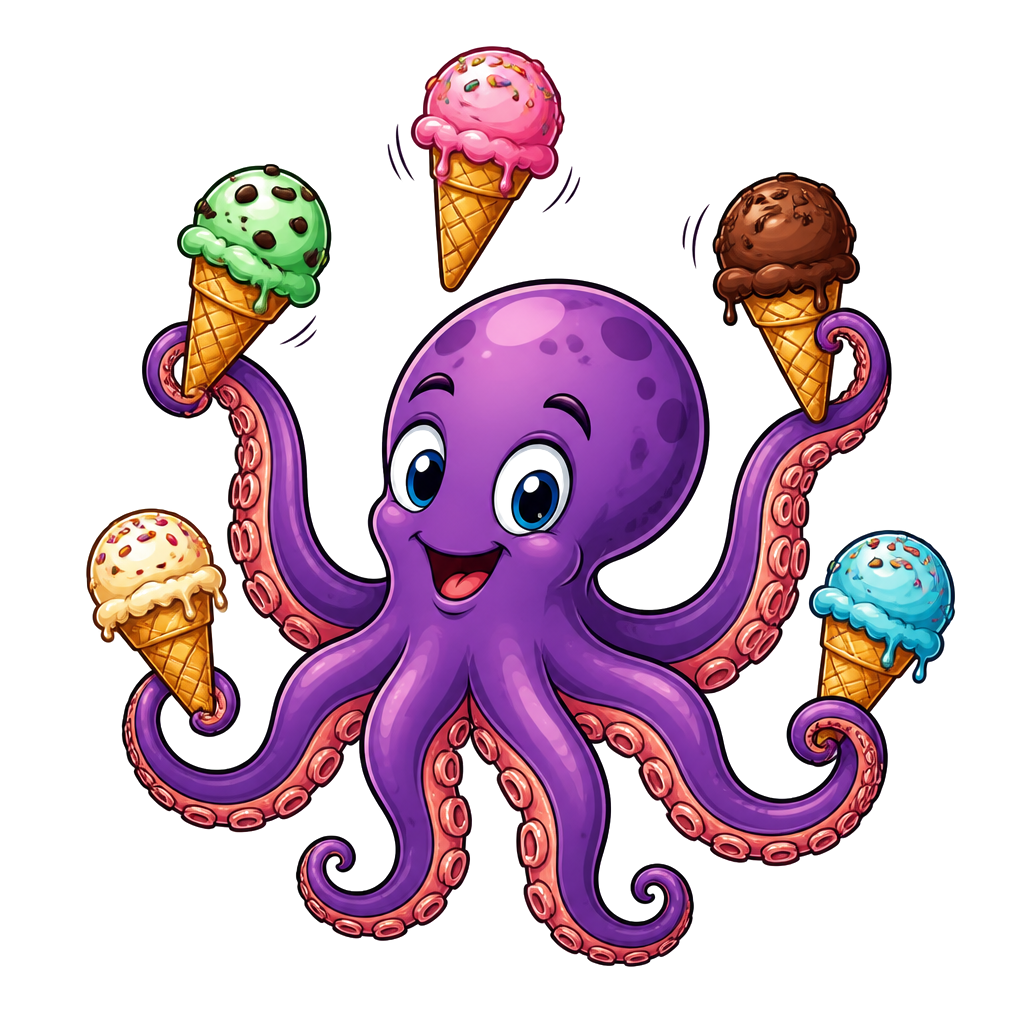 A cartoon octopus juggling ice cream cones