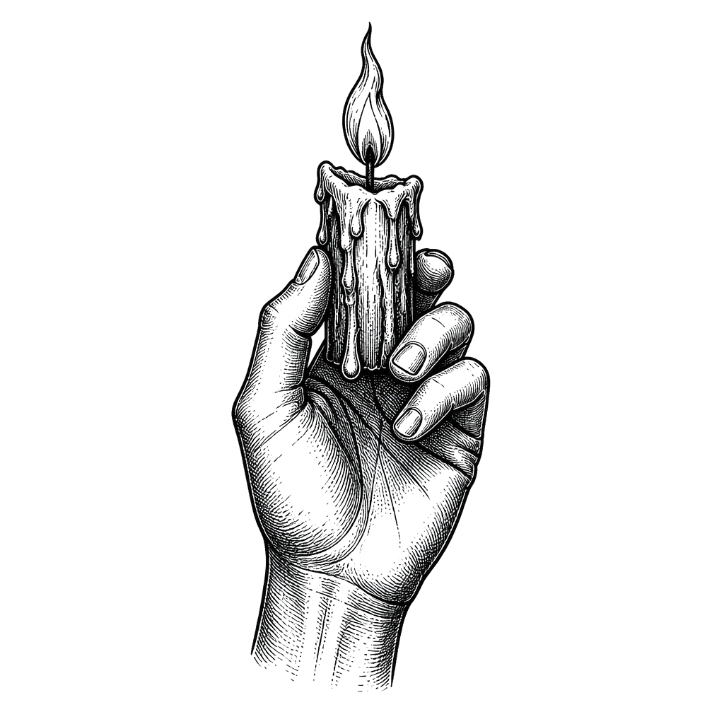 A hand holding a burning candle stub