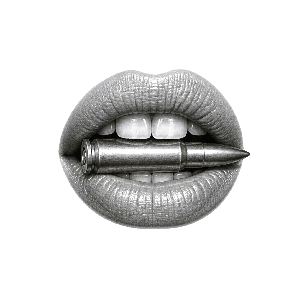 Women's mouth biting a bullet
