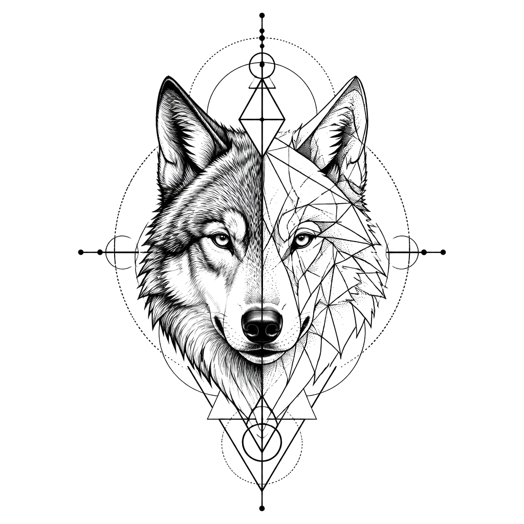 A wolf head split by sacred geometry lines