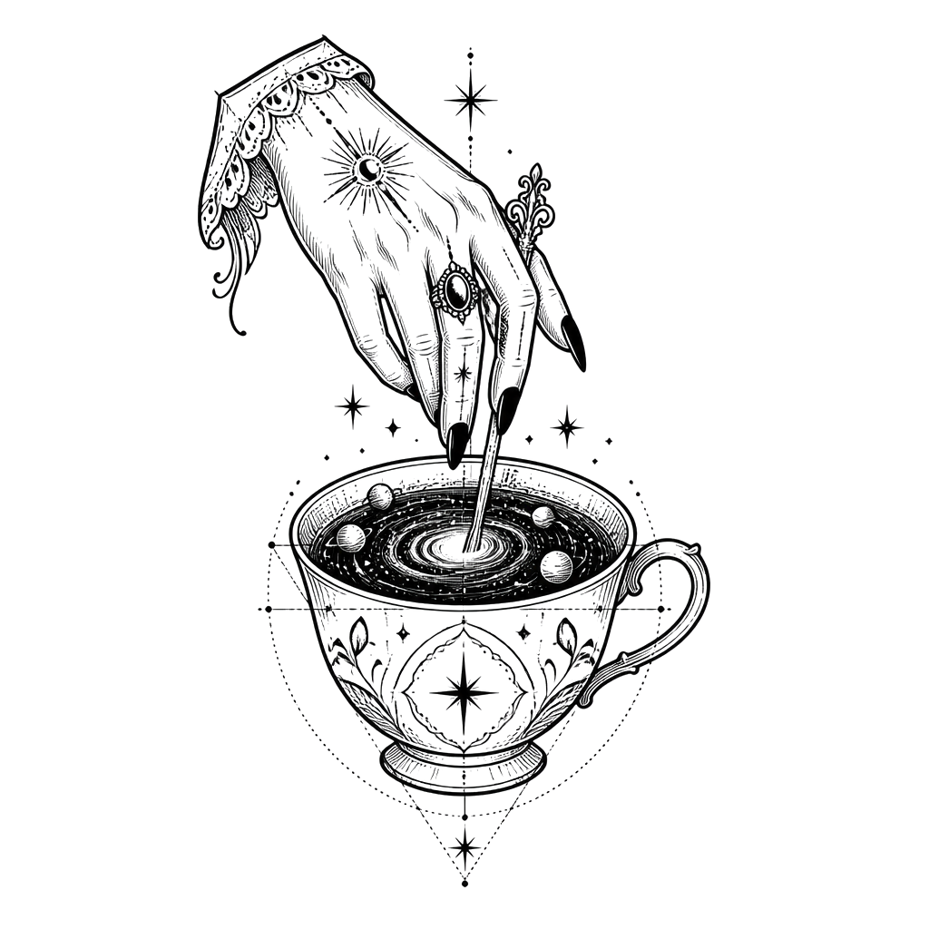 A witch's hand stirring a galaxy in a teacup
