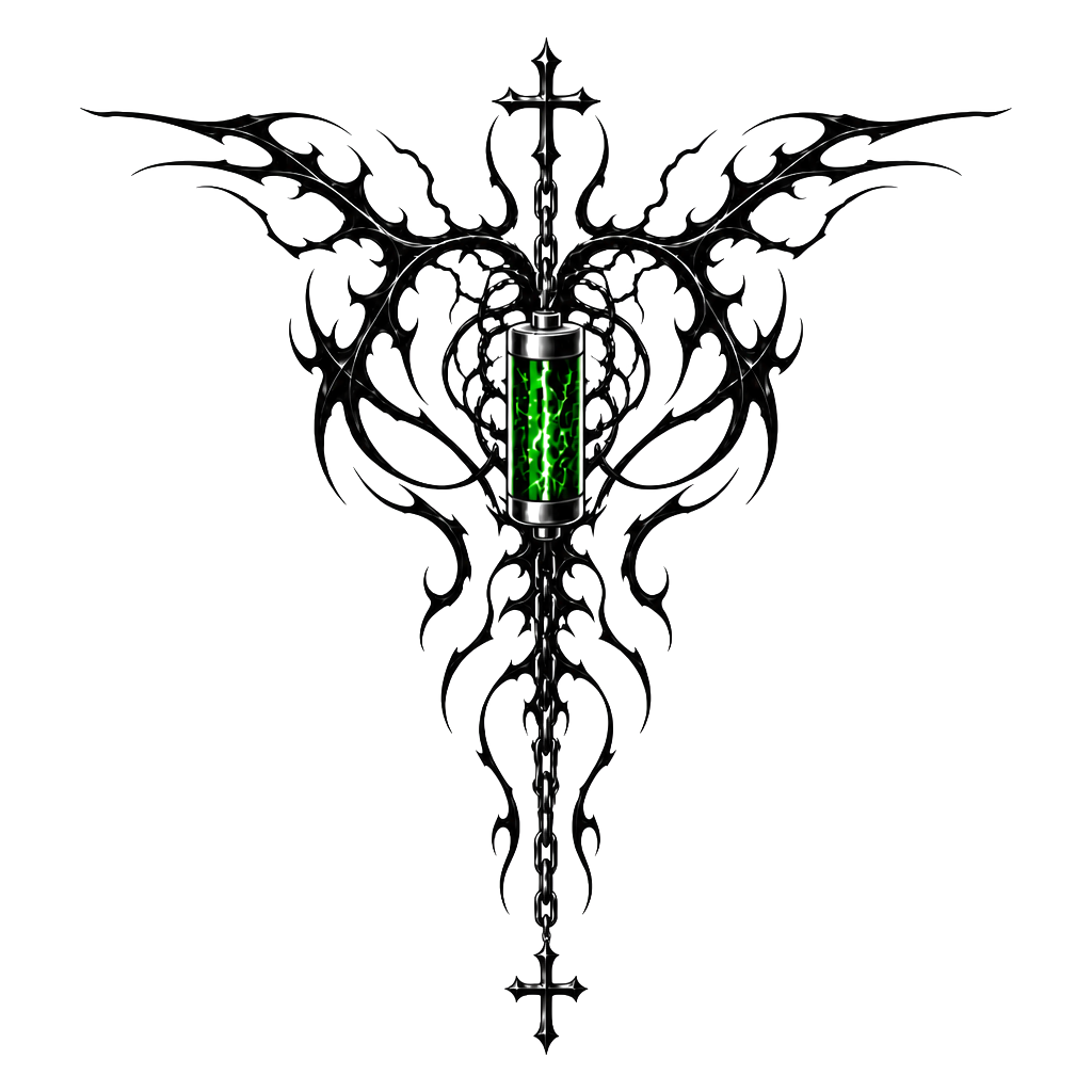 Design me a tattoo for my back that goes from shoulder blade to shoulder blade and these down into the spine with a chain hanging, and a battery powering the tattoo