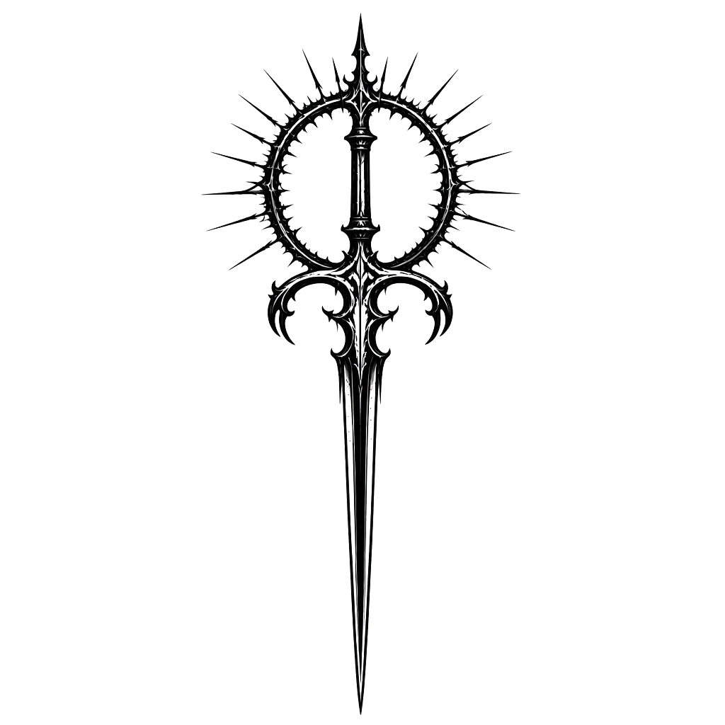 A vertical blackwork tattoo design featuring an ornate, gothic medieval sword viewed straight-on. The sword has an extremely long, narrow, pointed blade extending downward, with a dark distressed ink texture along the blade. The hilt is highly elaborate and symmetrical, featuring sharp, curling ornamental details and small gothic flourishes. Behind the upper part of the sword is a large circular halo made from a rough, thorn-like ring, surrounded by many thin, irregular black rays