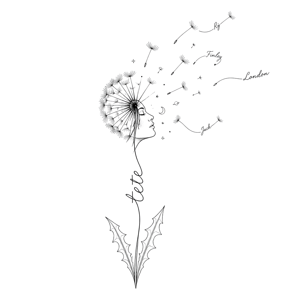 Dandelion on my forearm and the stem saying tete. I want to incorporate the names Rj Finley London and Jack on the dandelion flying away
