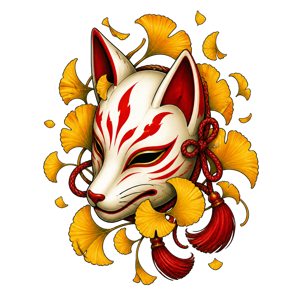 A kitsune mask among falling ginkgo leaves