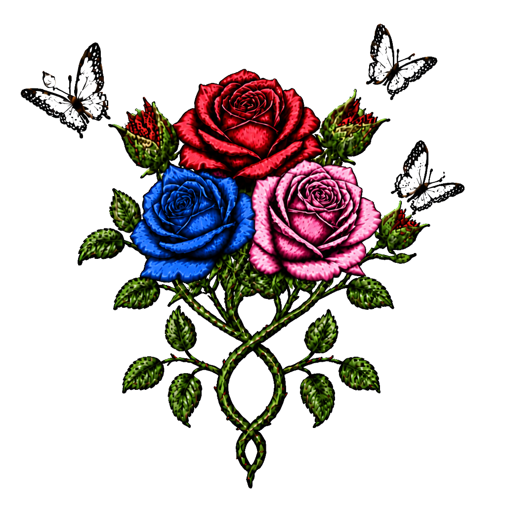 1 rote Rose, 1 geschlossene Rose wo ein Schmetterling entsteht,2 geschlossene Rosen an einen Strang wo aus den geschlossenen Rosen Schmetterlinge entstehen, 1 lila Rose und 1 rote Rose. Alles zusammen mit den Namen Fabian und Dèsirèe verbunden