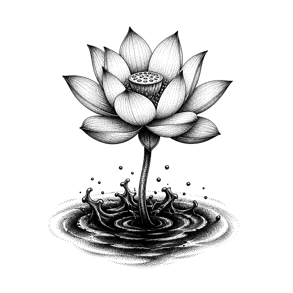 A lotus rising from dark water, dotwork shading