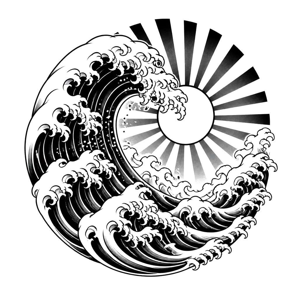A great wave curling beneath a rising sun