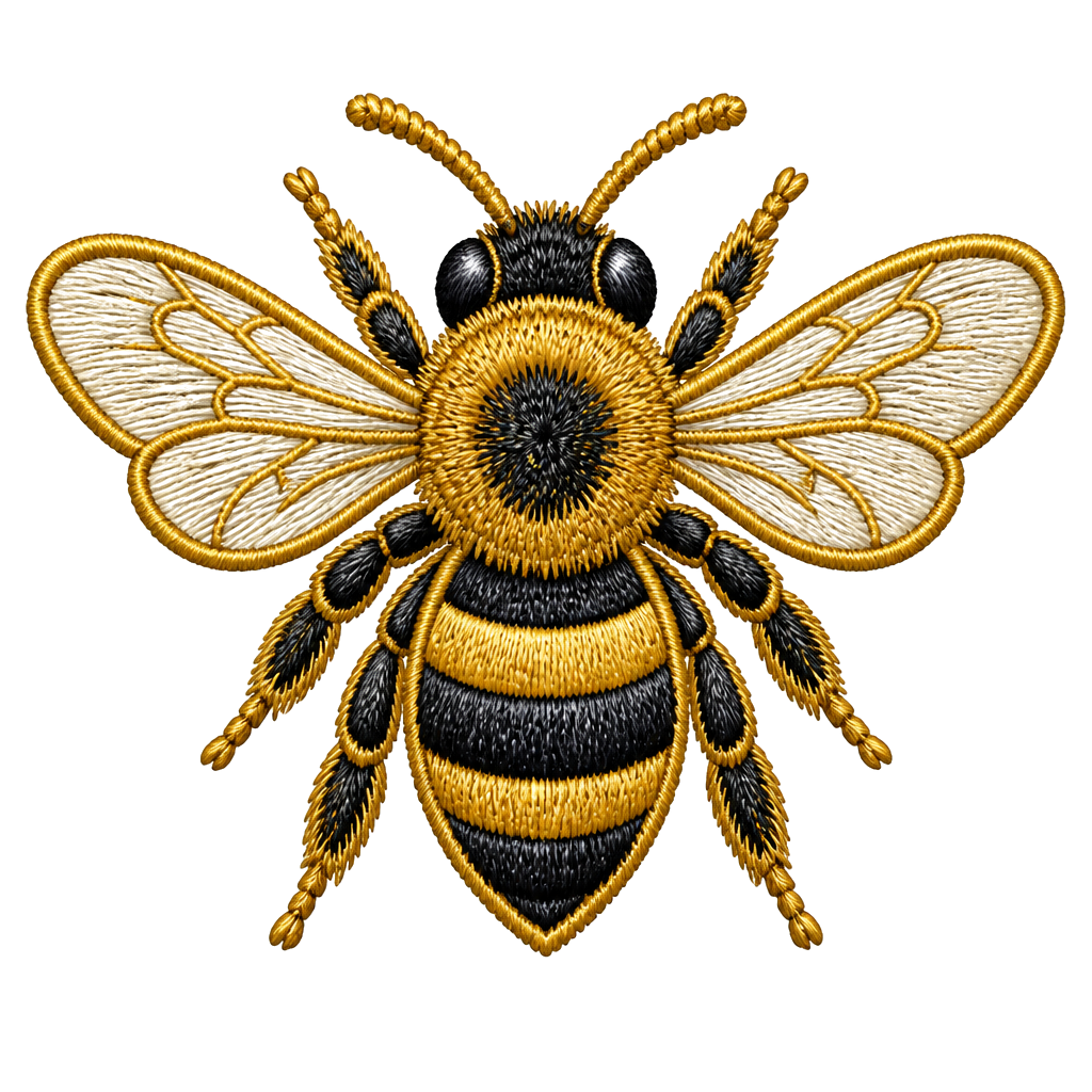 A bee patch stitched with gold thread