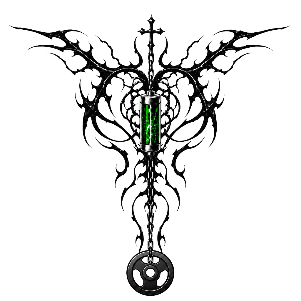Design me a tattoo for my back that goes from shoulder blade to shoulder blade and these down into the spine with a chain hanging, and a battery powering the tattoo