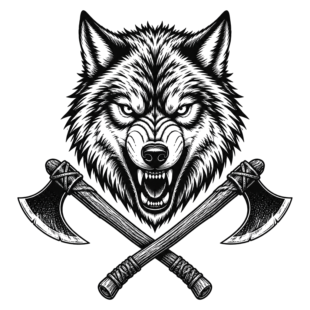 A snarling wolf head over two crossed axes