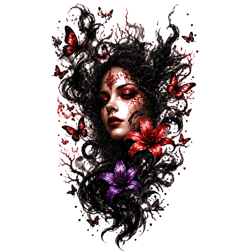 Dark elegant shoulder tattoo: add a large ink-smoke phoenix in black & smoky gray. Smoke-style butterflies + delicate smoky lilies/vines integrated throughout. Flowing organic wrap-around design on shoulder/upper arm. Mood: mysterious, powerful, shadowy, ethereal—dark vibes only, monochrome ink wash aesthetic.i like blue and red and purple idk