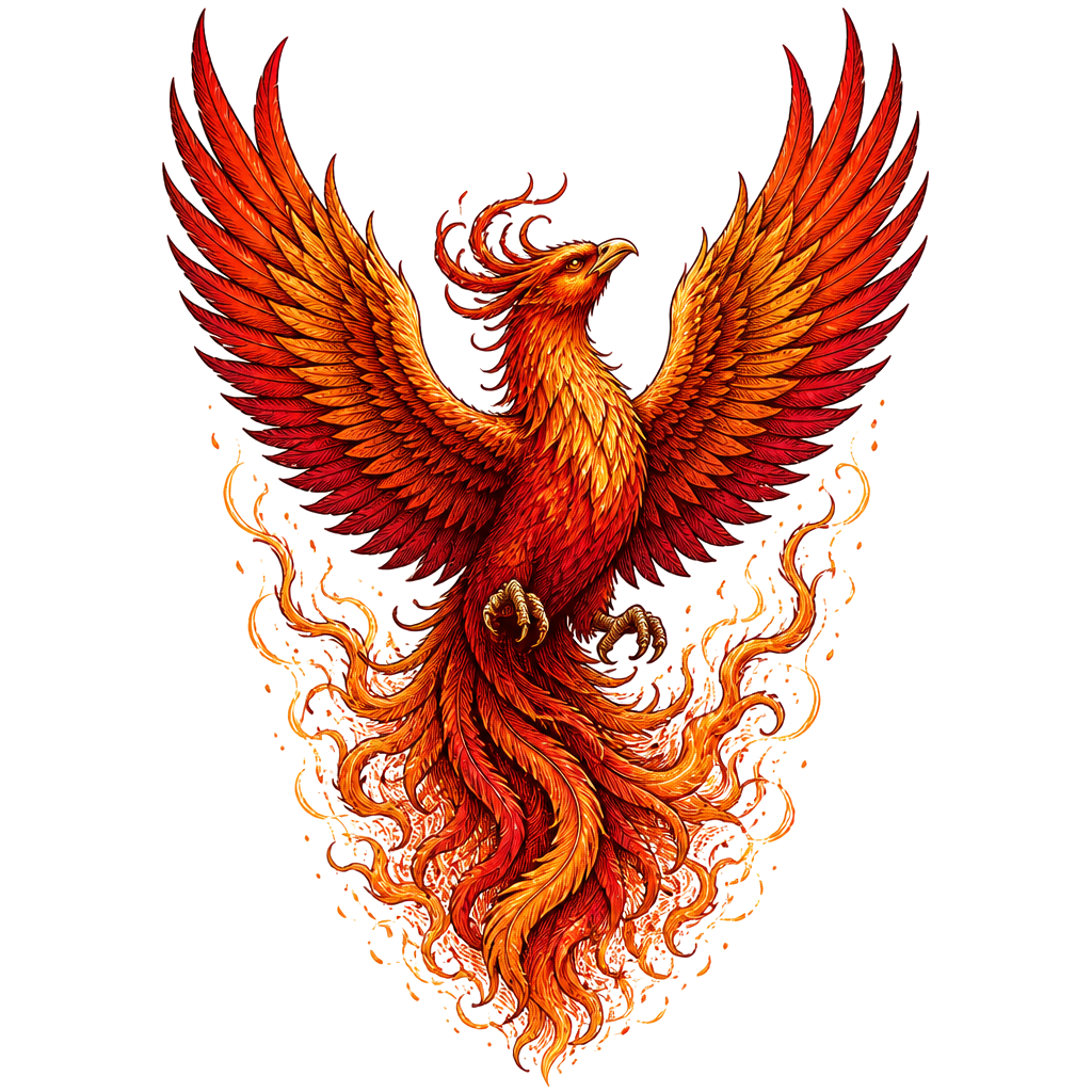 A phoenix rising from delicate linework embers