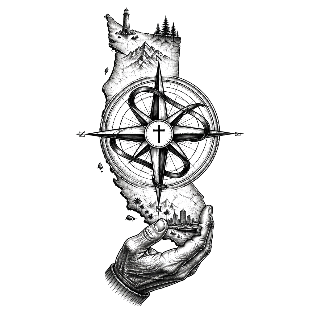 A weathered compass spanning Long Beach to Oregon, anchored by a grandfather’s guiding hand, with a small cross at its center and “True Blue” woven through the cardinal points.