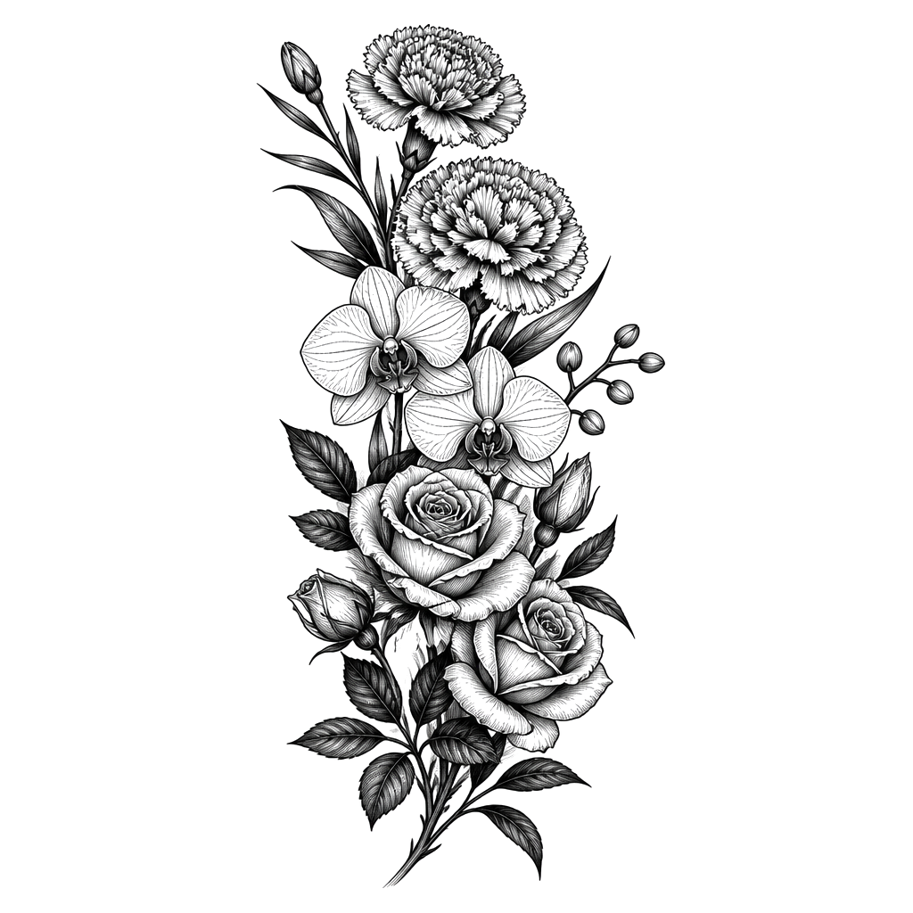 a sleeve of carnations, orchids, and roses