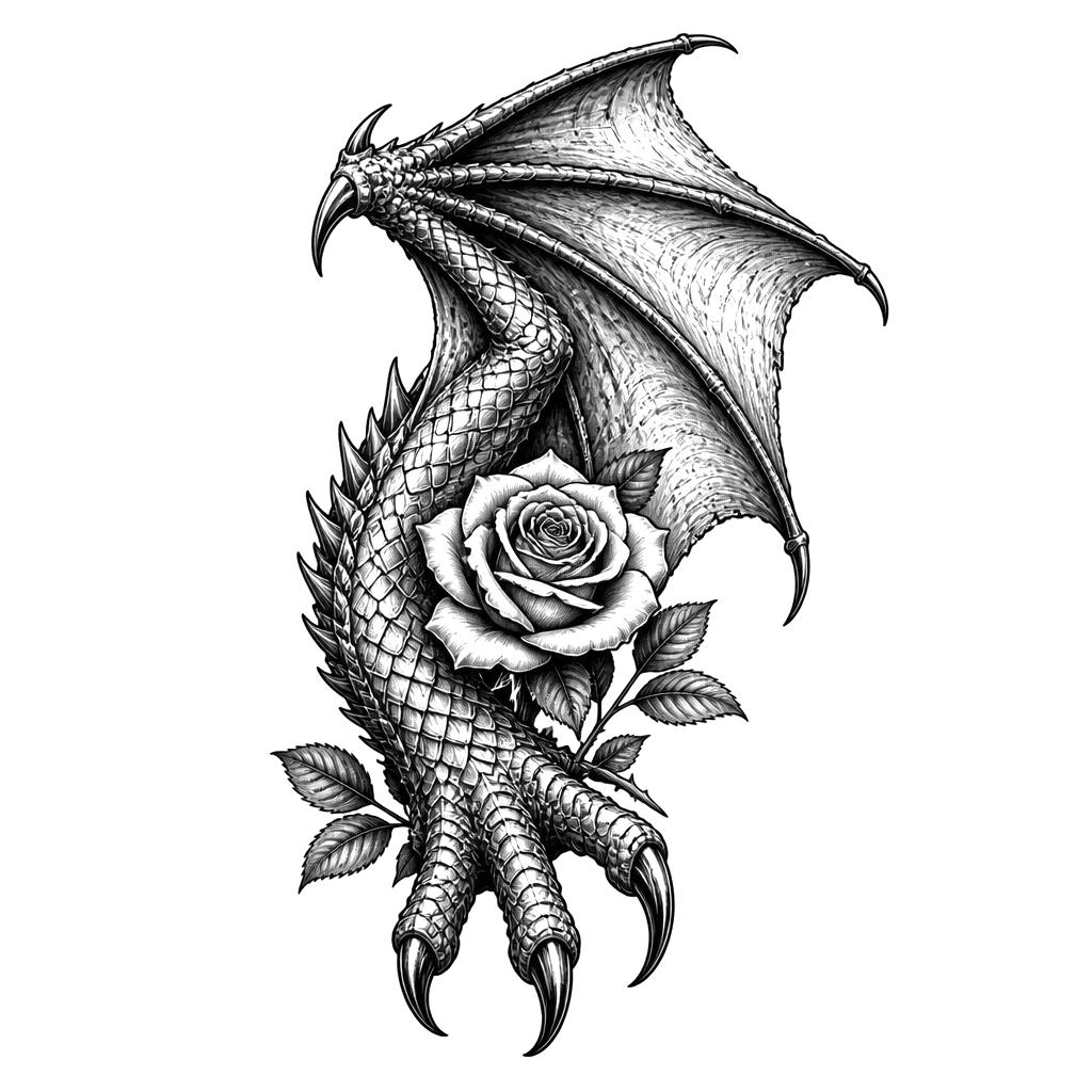 Dragon arm and claw with wing along with a rose
