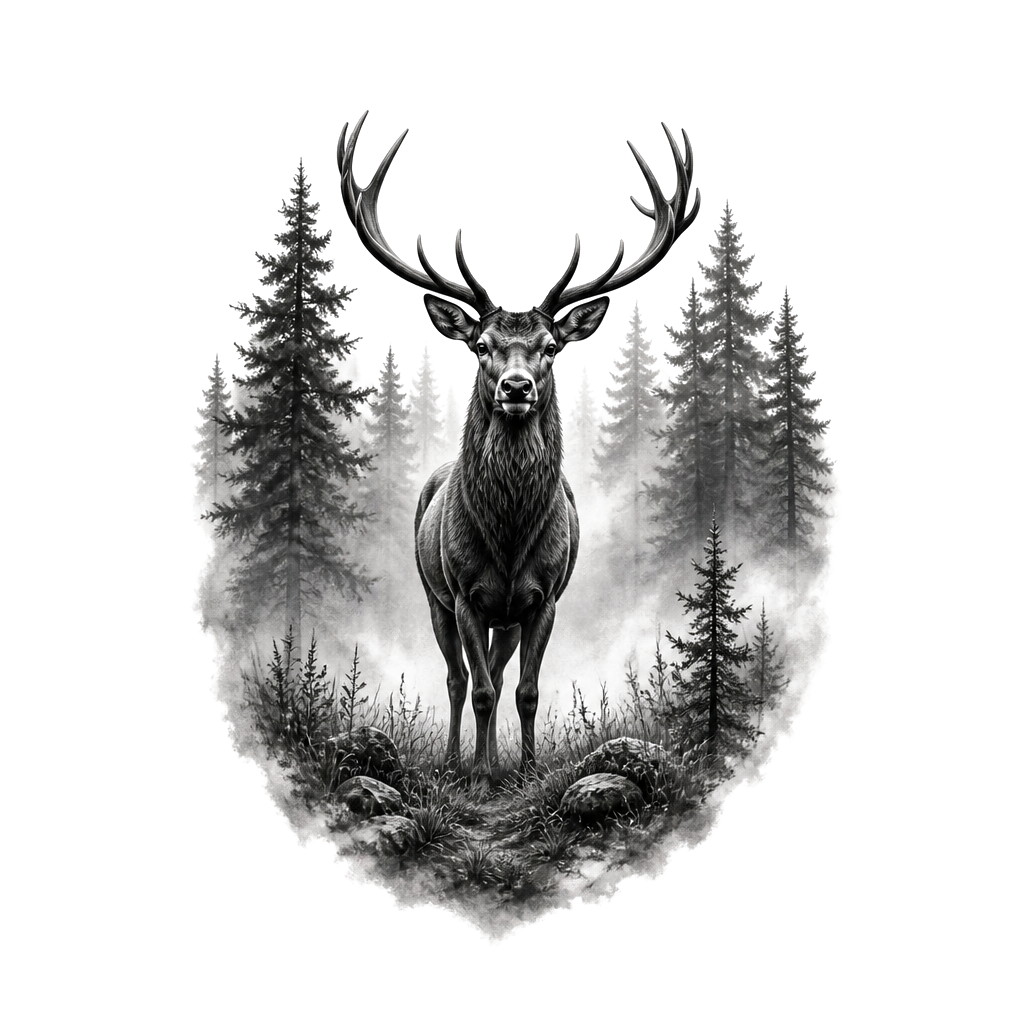 A stag standing in a foggy forest clearing