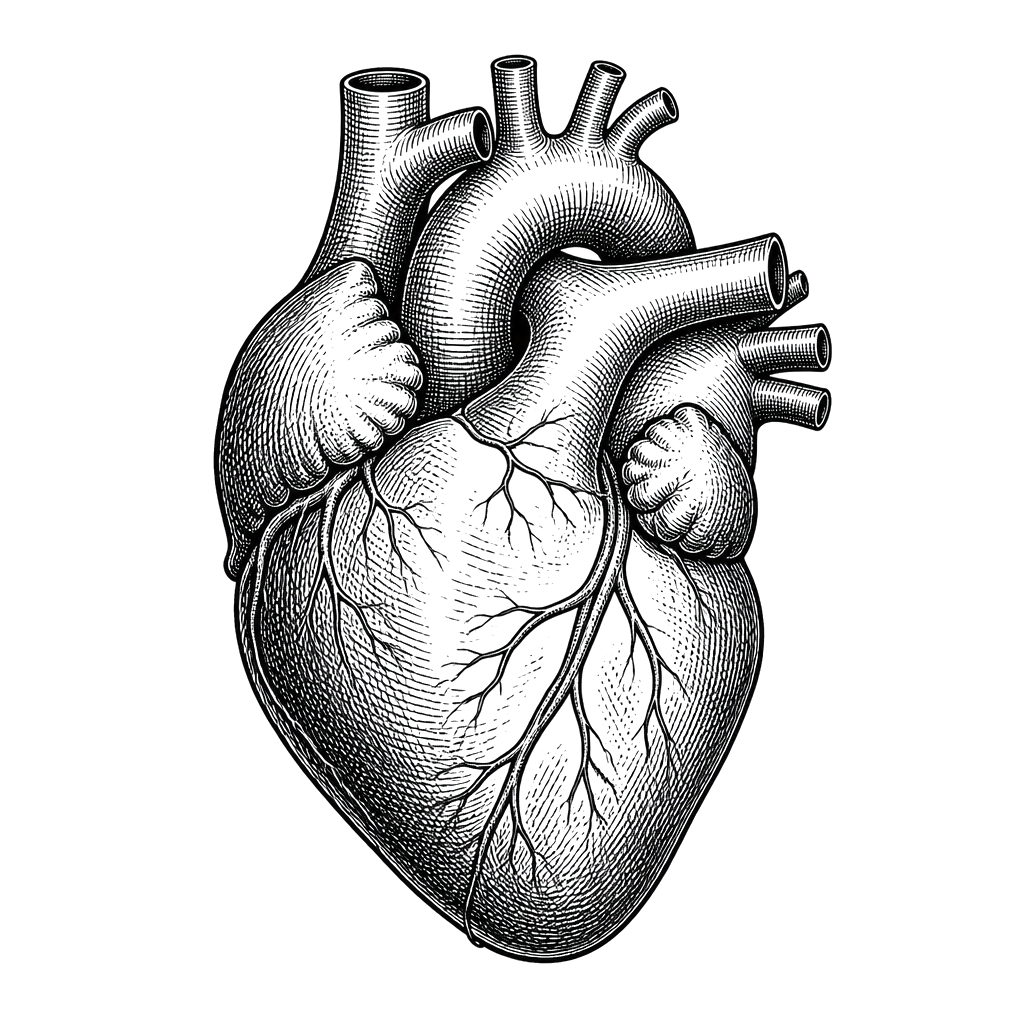 An anatomical heart in copperplate hatching